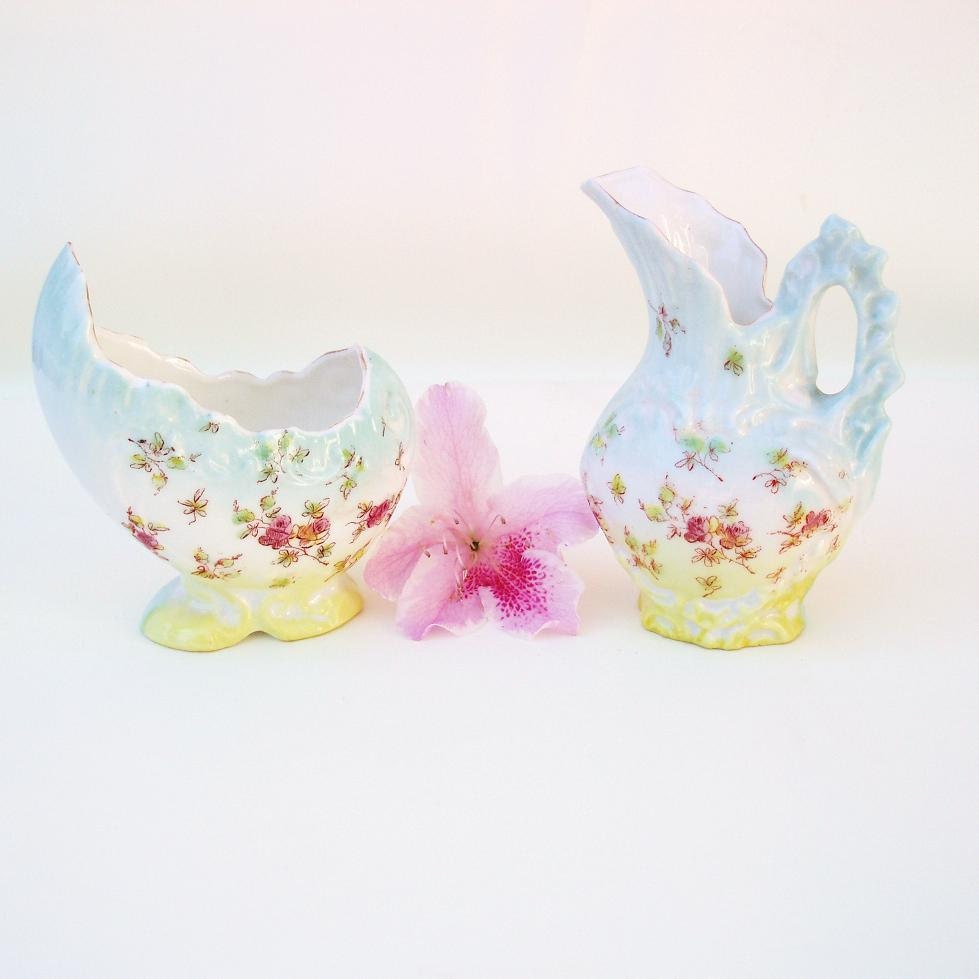 Sugar and Creamer, Antique Porcelain, Sugar Creamer Set, Hand Painted, Blue Yellow Wedding / Vestiesteam