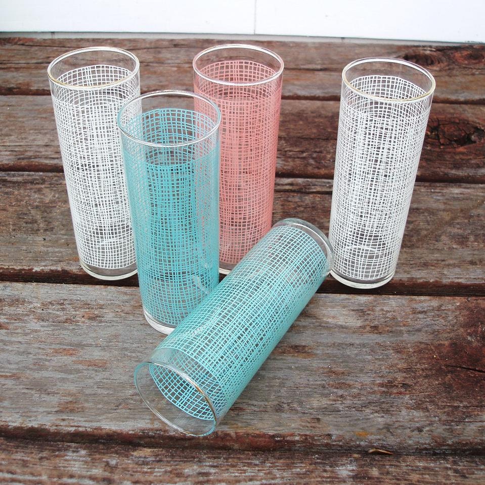 Tom Collins Glasses Mid Century Barware Iced Tea Lemonade Turquoise Pink White Federal Glass