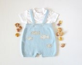 Knitted shorts with straps in soft blue with fishes. 100% cotton. Baby boy. READY TO SHIP size 3-6 months.