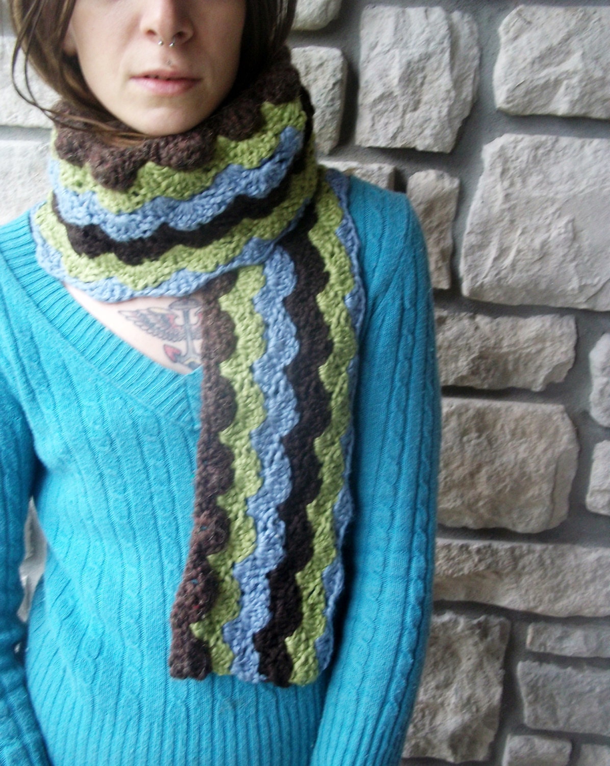 Long Organic Cotton Scarf in Earth Tones / Blue, Green, Brown