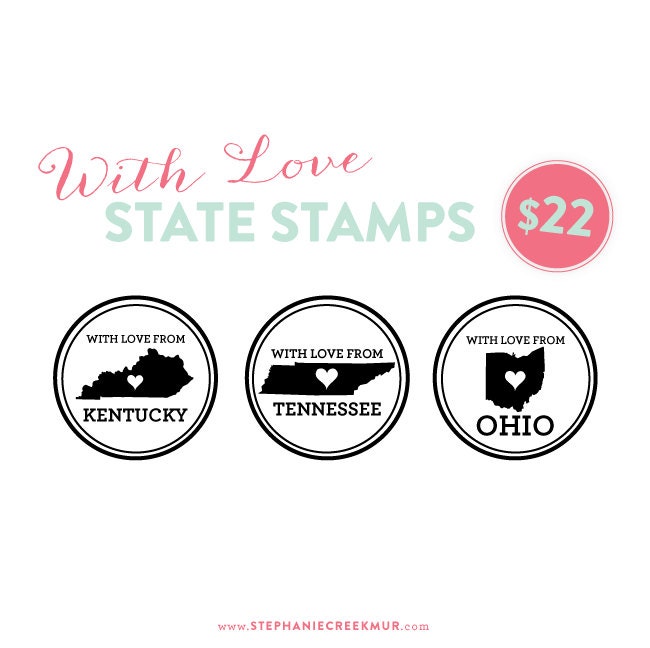 With Love State Stamps -  2" x 2"  - Wood Handle - Packaging and Shipping Supplies