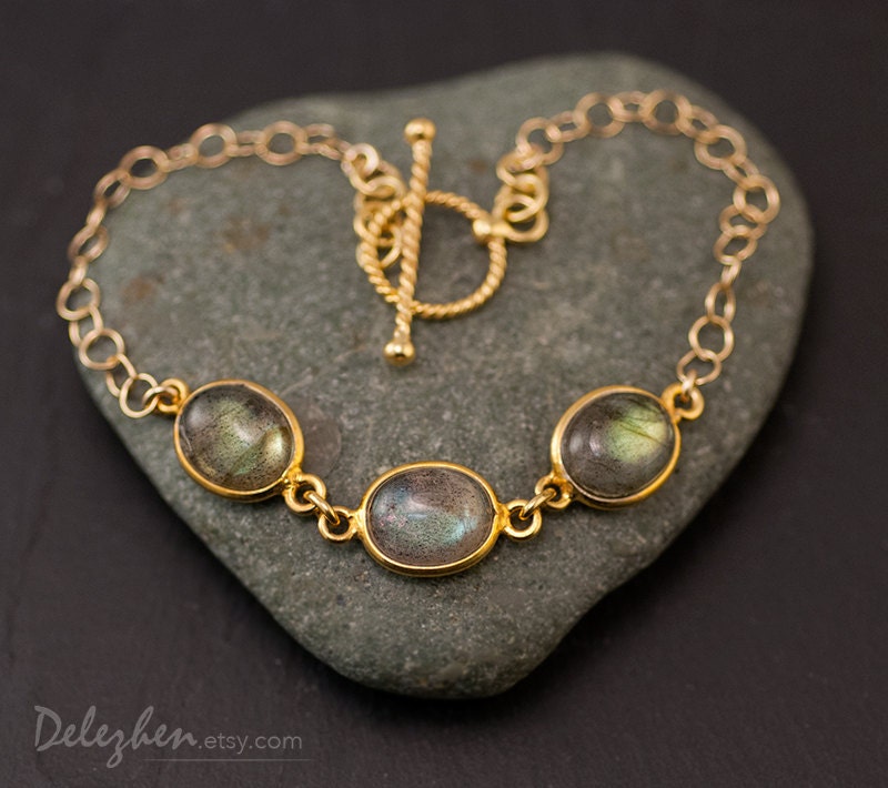 Labradorite Bracelet - Toggle Clasp - Gold Gemstone Bracelet - 3 Stone bracelet - Gemstone connectors Mother's Day Gift