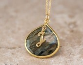 Personalized Necklace - Labradorite Necklace - Script Letter - Monogram Necklace - Gold Necklace - Personalized Jewelry
