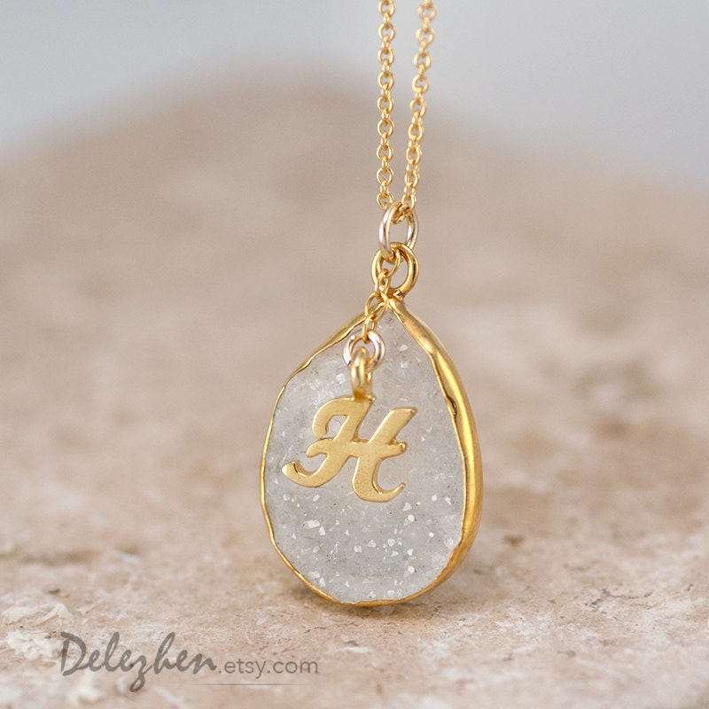 Personalized Necklace - Druzy Necklace - Script Letter - Monogram Necklace - Gold Necklace - Personalized Jewelry