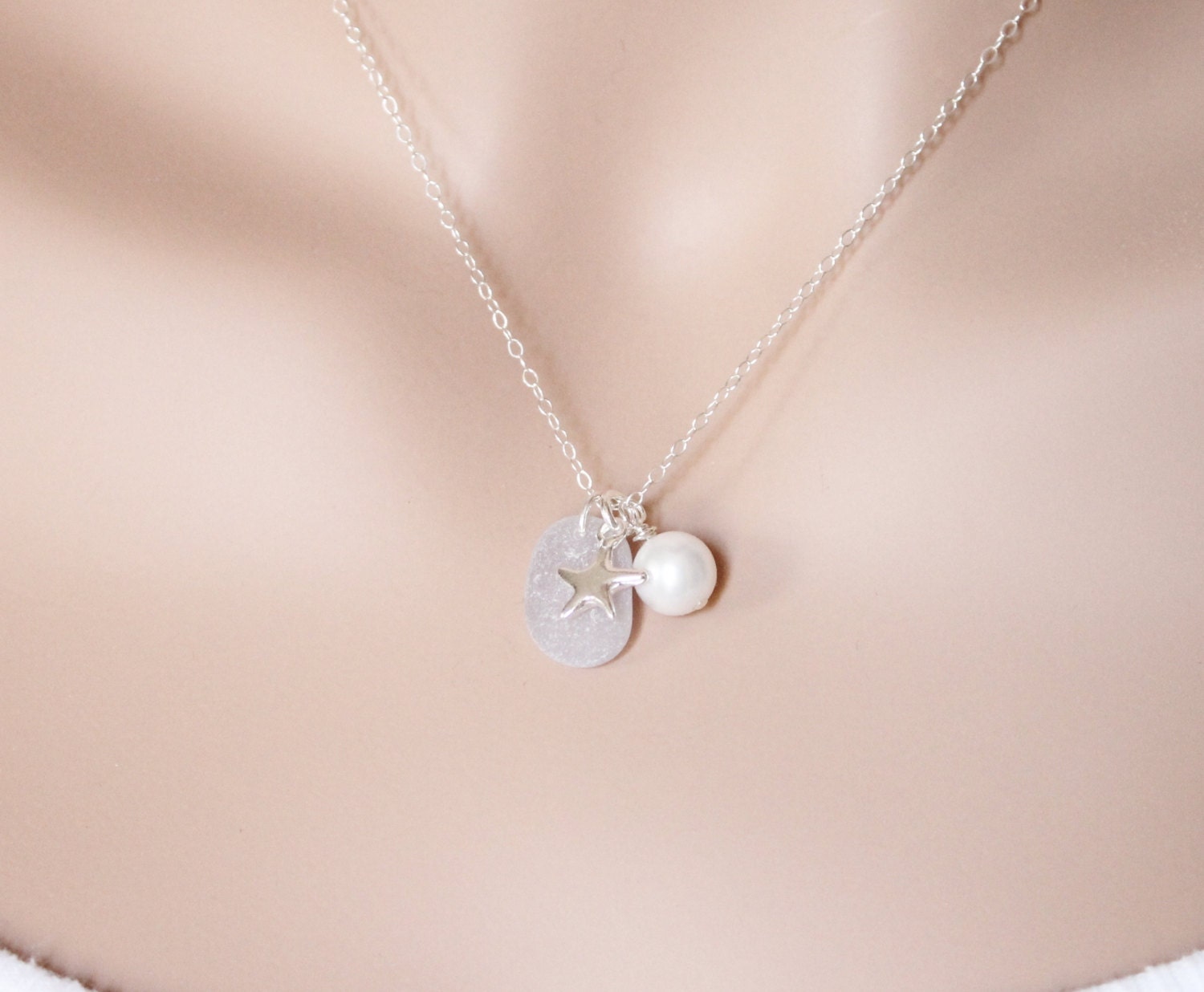 Sterling Silver Starfish Lavender Sea Glass and Pearl ..... Beach Theme, Water, Ocean