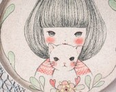 I HAD A LITTLE CAT hand painted original illustration plate by Min Lee