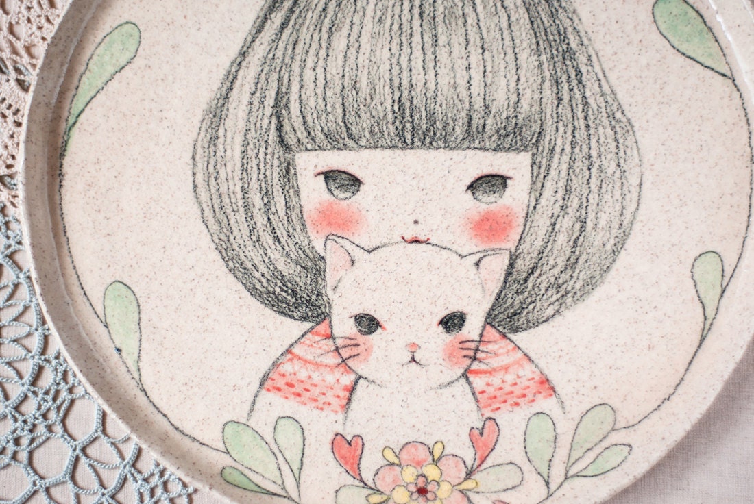 I HAD A LITTLE CAT hand painted original illustration plate by Min Lee