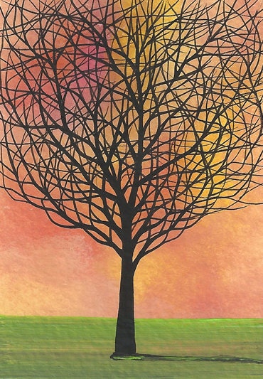 Lonely Tree, Original ACEO, Artist Trading Card, ATC. Acrylic Paint.
