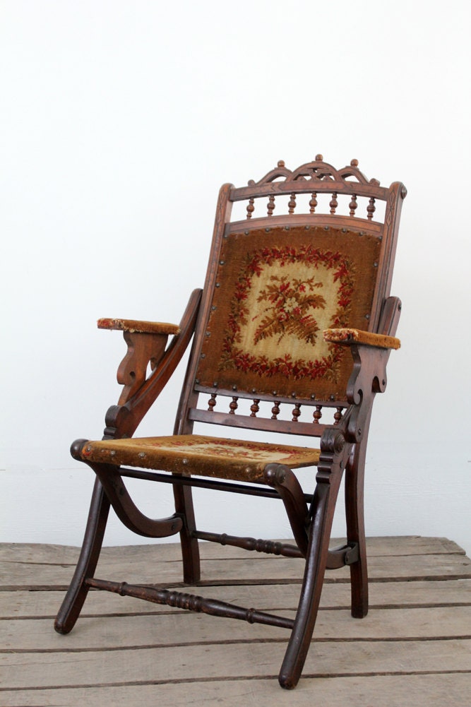 Victorian Folding Chair / Antique Tapestry Chair