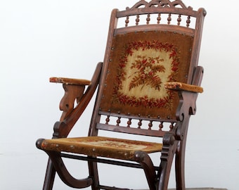 Victorian Folding Chair / Antique Tapestry Chair