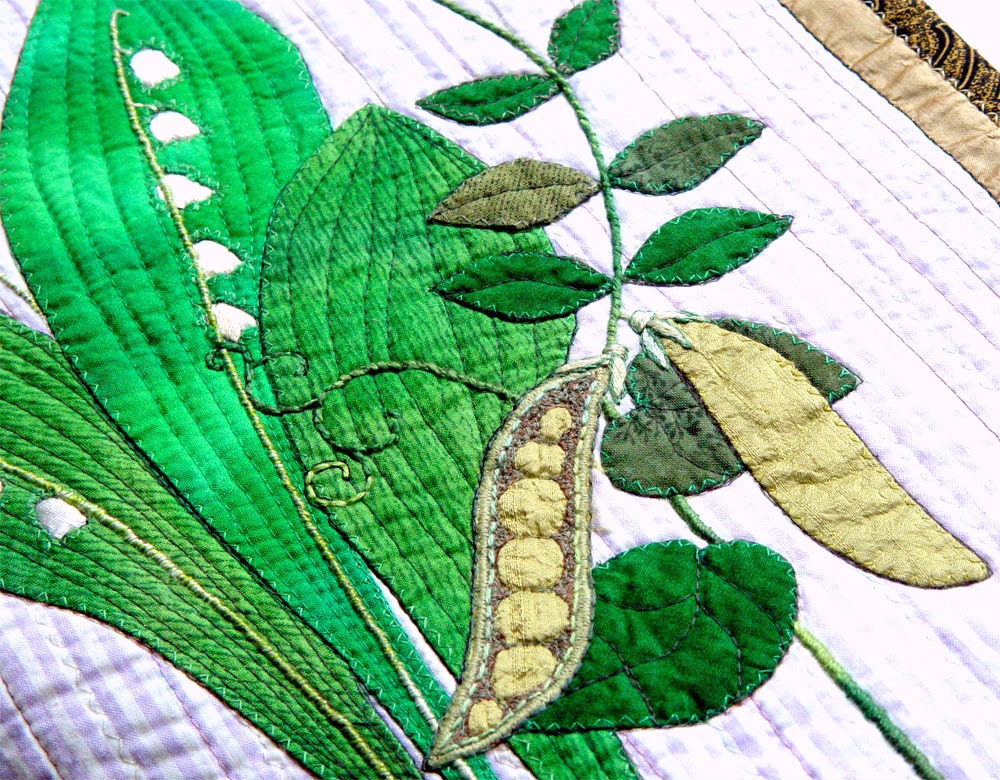 GREEN SPRING, Kitchen Art, lily of the valley, sweet pea, white, gold, botanical, applique