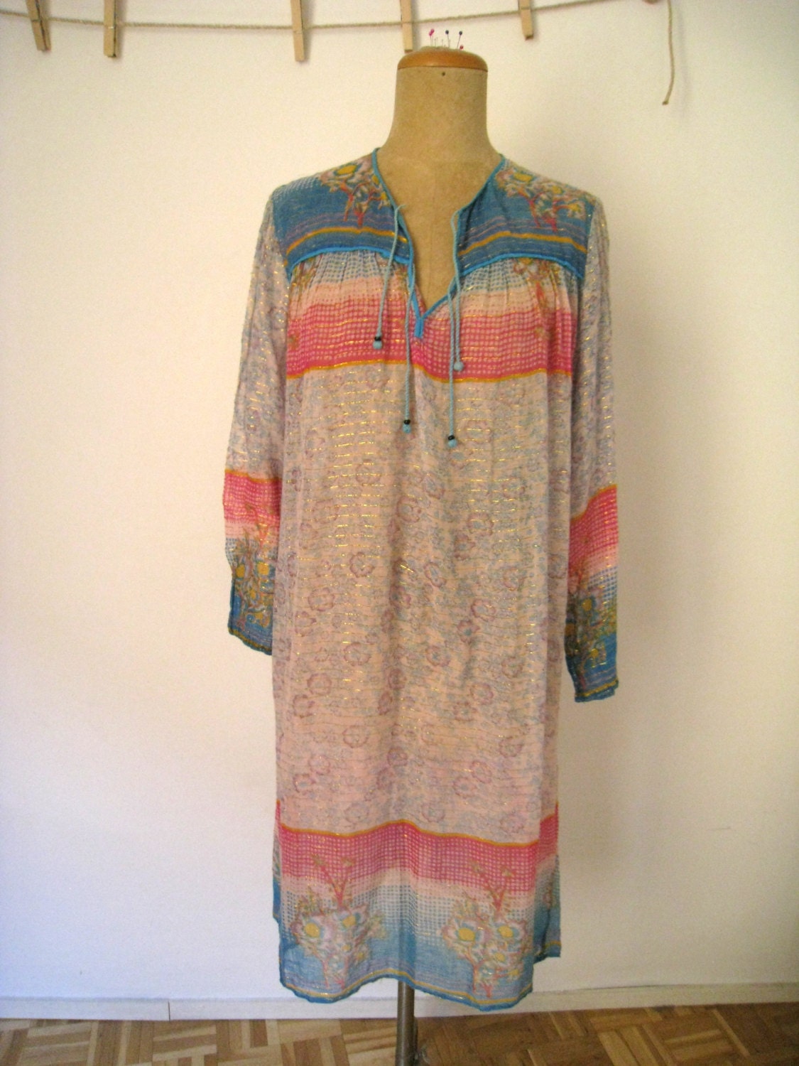 INDIAN COTTON GAUZE - Tunic Dress - Festival Hippies Style - summer Sunset Colors - Metallic Thread