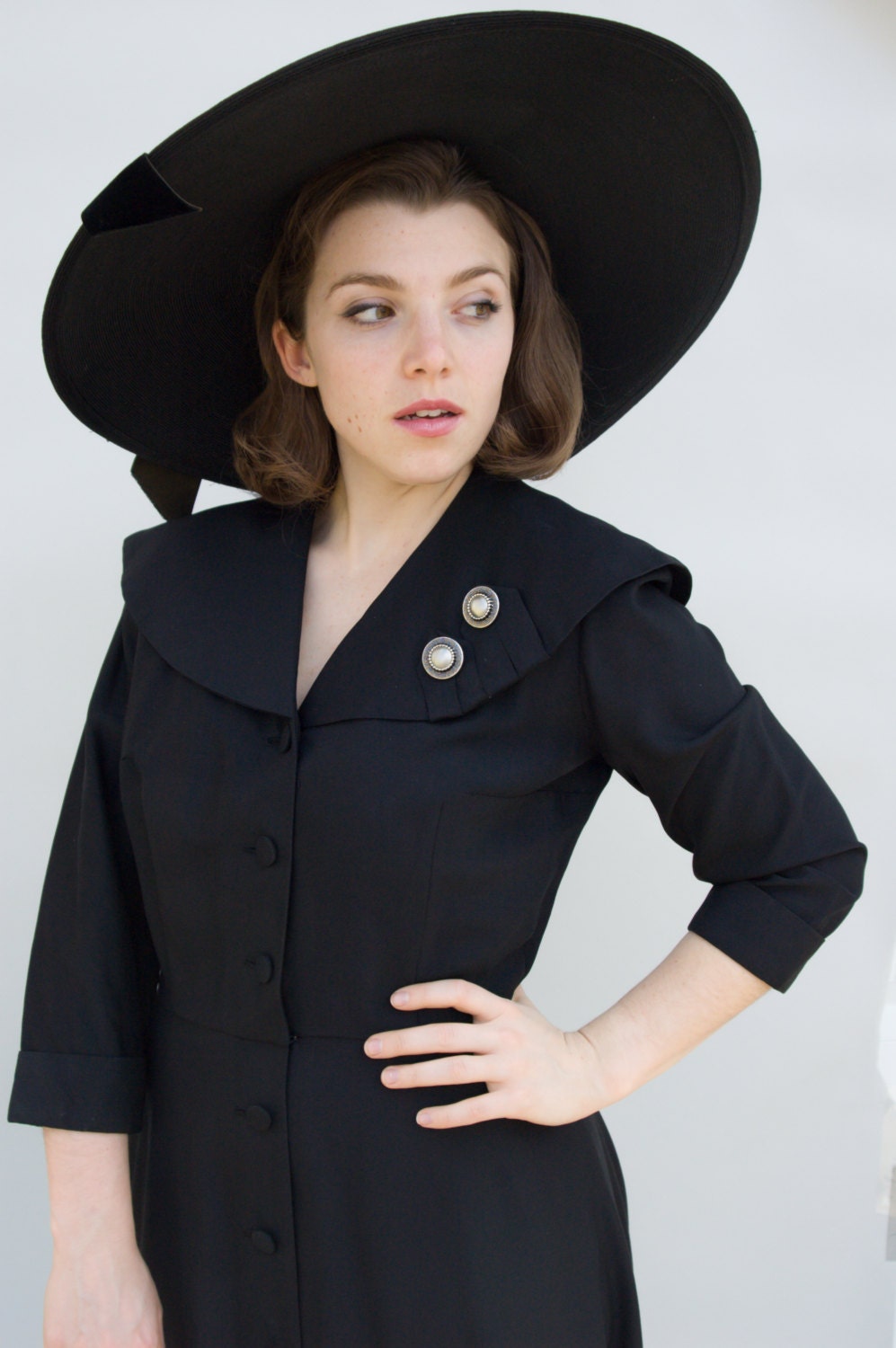 Vintage 1950s Dress - Black Widow - New Look Black Taffeta Button Up Dress