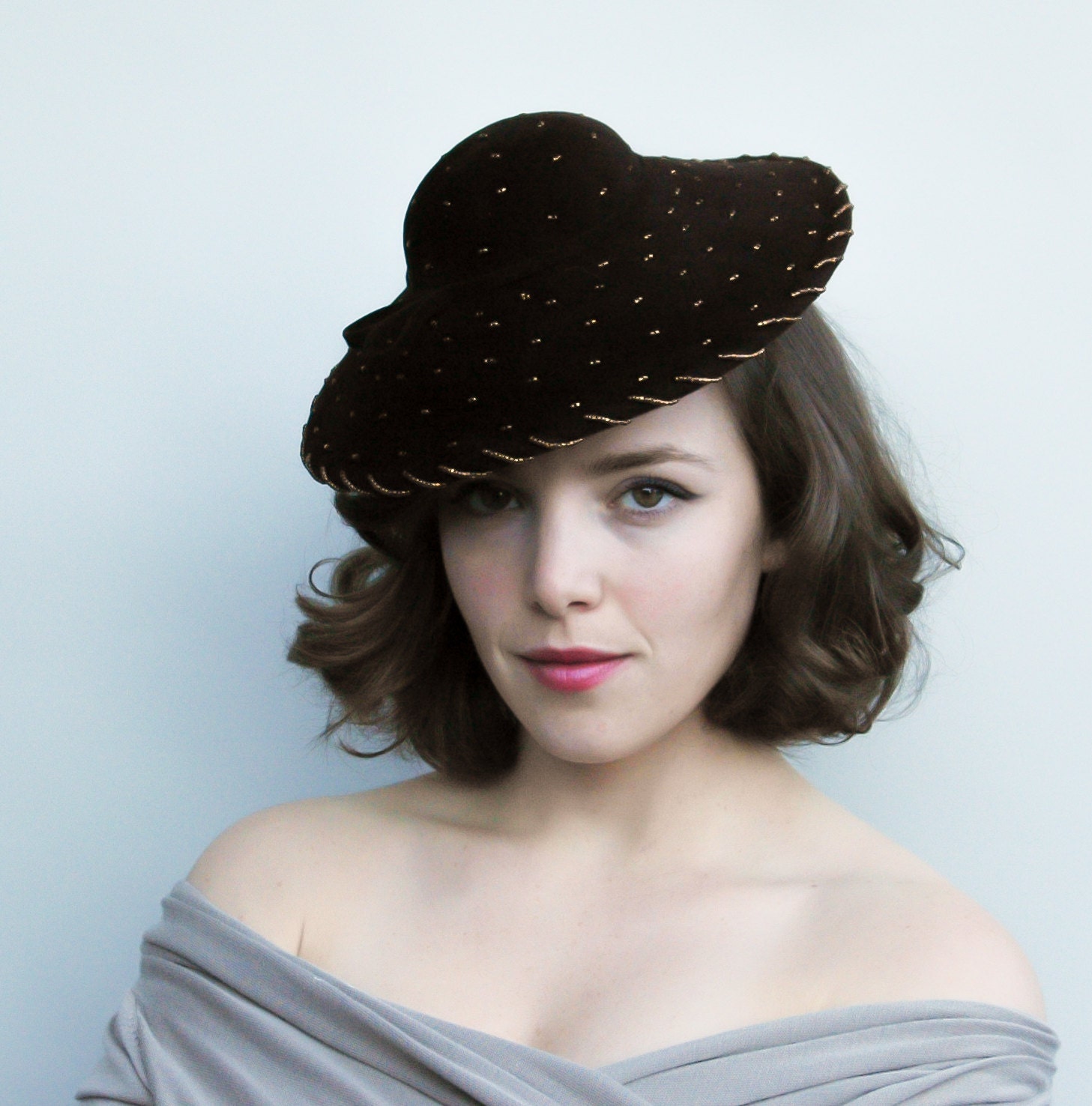Vintage 1930's Hat - Cacao - Chocolate Brown Velour Felt Convertible Tilt Hat in Mint Condition