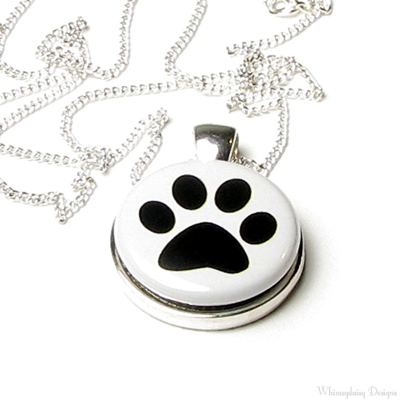 Dog Paw Print Magnetic Button Necklace Black White