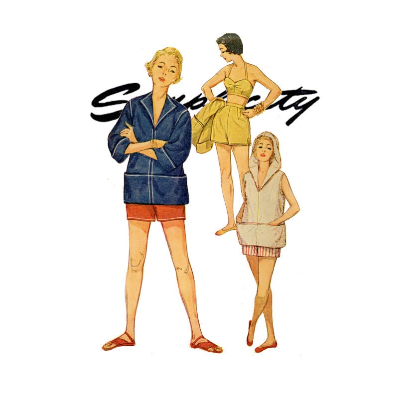 1950s Bra Top Shorts and Cover Up Pattern Simplicity 4714 Bust 30 Womens Vintage Sewing Pattern Hooded Middy Top Halter Bra Top Shorts