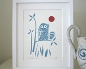 Owl Print - Original Lino Block Print,Teal Blue and Red Moon, Modern Woodland Print, Signed, Japanese Style