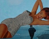 Mixed Media Paper Collage, Girl on the Beach, One of a Kind, Woman on Water