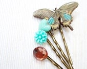 Butterfly Bobby Pin, Brown Moth Hair Clip, Hair Pins, Green, Hair Pin Set Four (4), Turquoise Heart, Peach Gem, Green Rose, Mint Rose, Wood