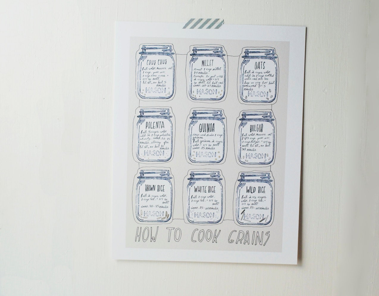 how to cook grains poster- 11"x14" kitchen poster art - vegan vegetarian cooking kitchen decor