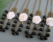 Bridesmaid white flower, black necklace set - gardenia rose - Vintage wedding--asymmetrical  OOAK handsculpted flowers Set of 4 necklaces
