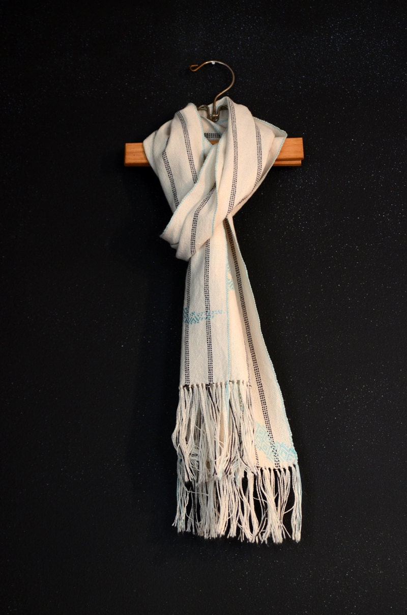 White and Black Cotton Scarf with Blue Silk inlaid Pattern