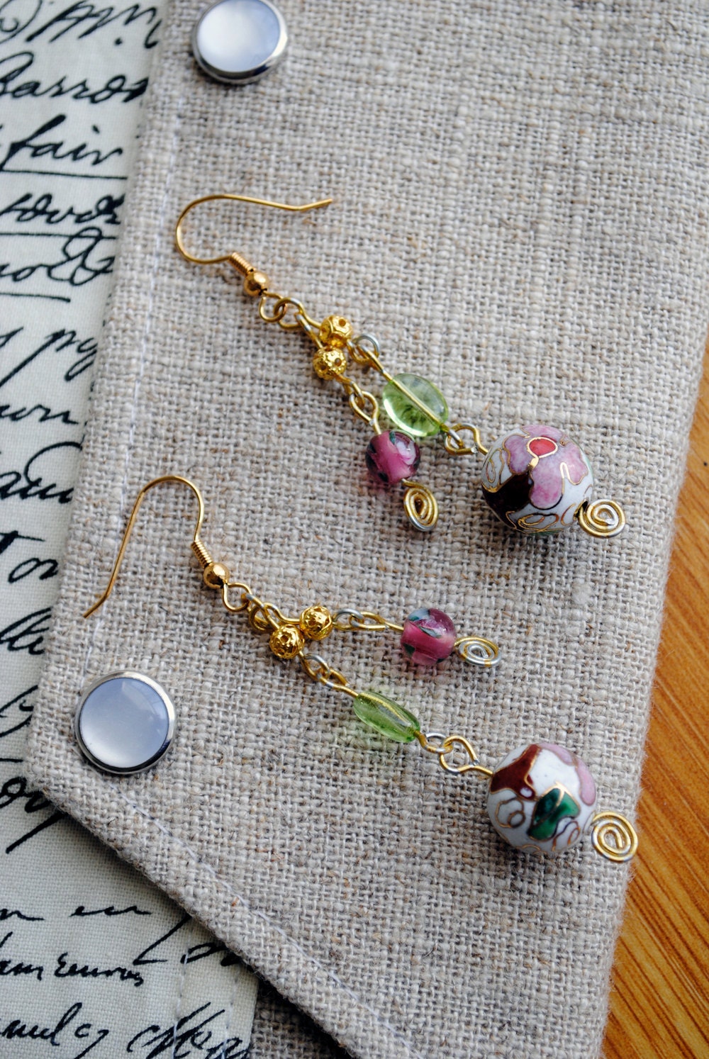 Pink and Gold Cloisonne Earrings Beaded Spring Jewelry