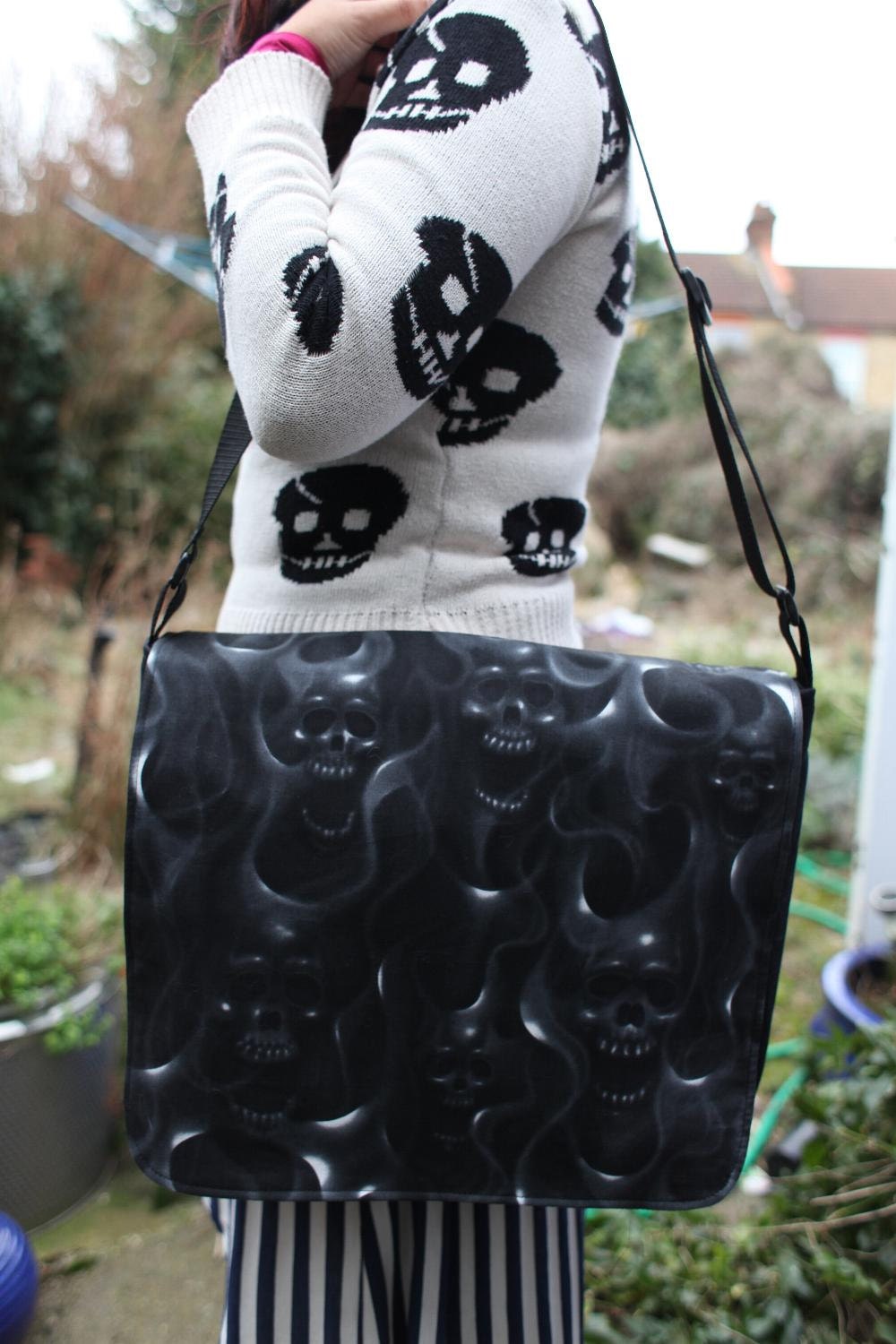 Flaming skulls messenger bag.  Heavyweight cotton drill bag.  Adjustable strap. OOAK