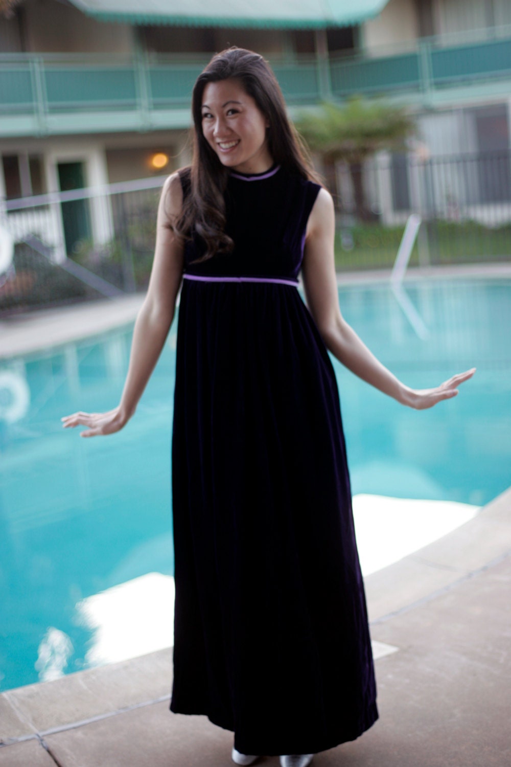 Velvet vintage dress, purple, S, 60s