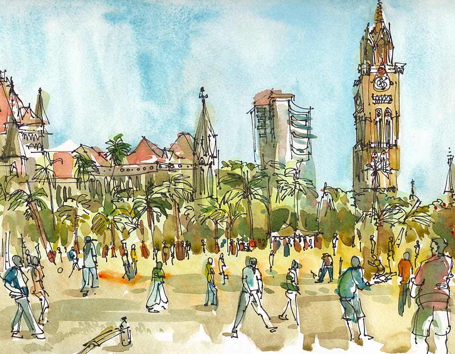 India sketch, Cricket in Mumbai  8x10 print from an original watercolor sketch