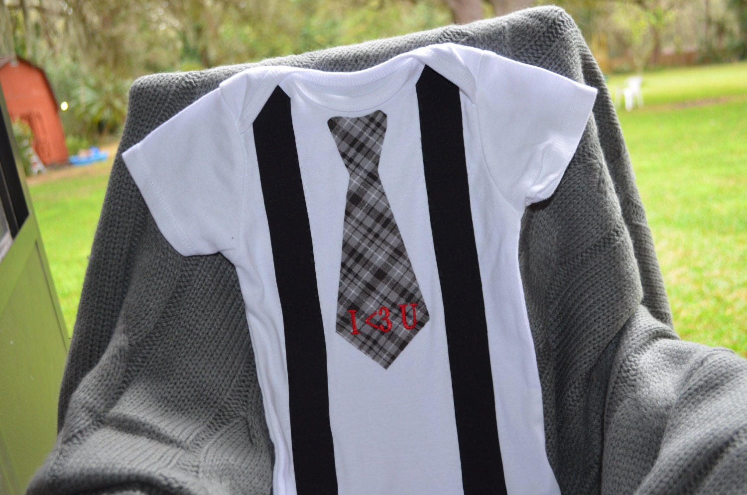 Valentines Day Onesie Text I Heart  You I Love You Black Gray Plaid Tie  Baby Boy Valentines Day