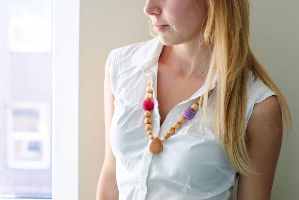 Wooden Nursing Necklace with crochet covered beads - CHOOSE YOUR COLORS