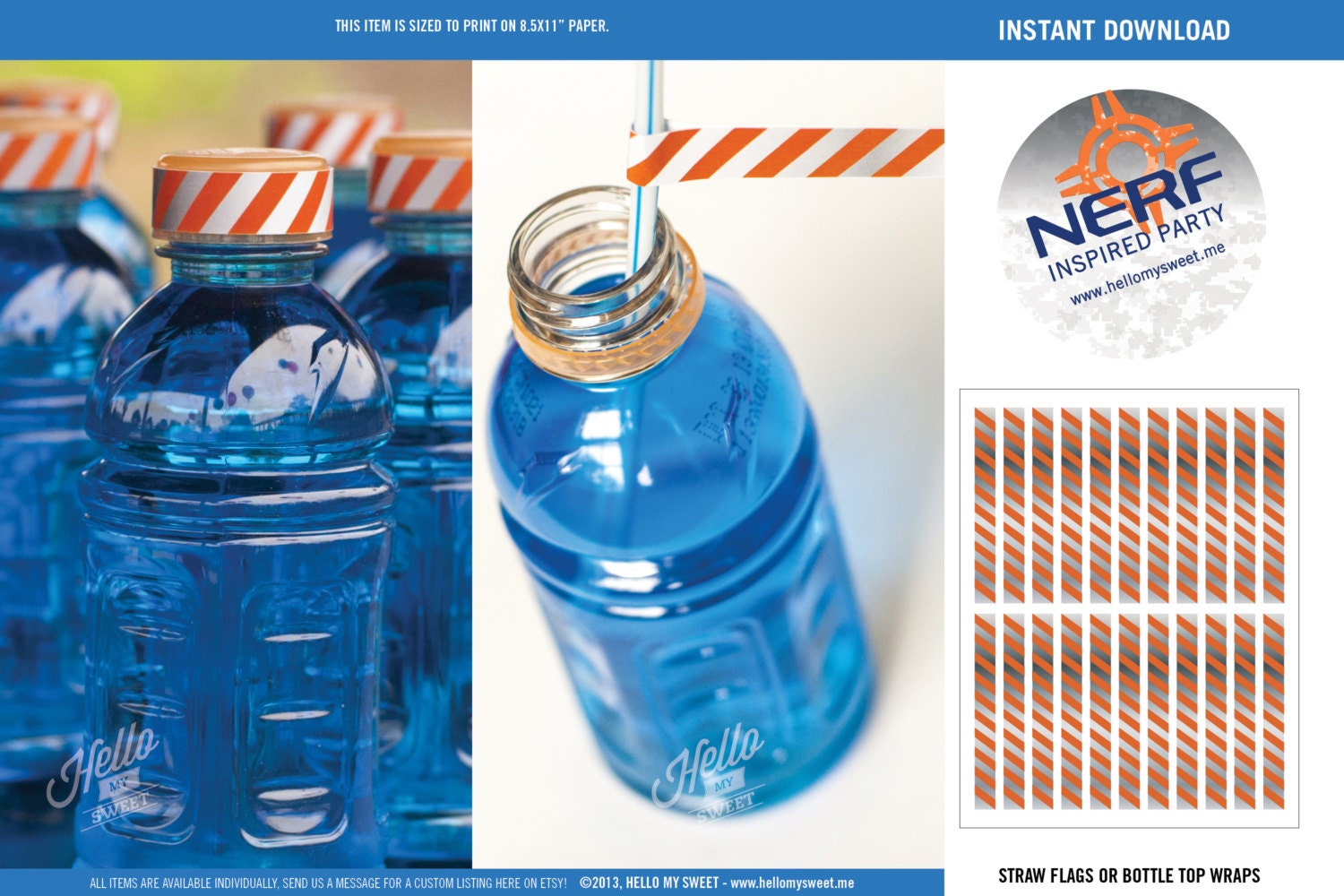 Nerf Straw Flags - INSTANT DOWNLOAD - Printable Birthday Party Decorations - Blue Orange