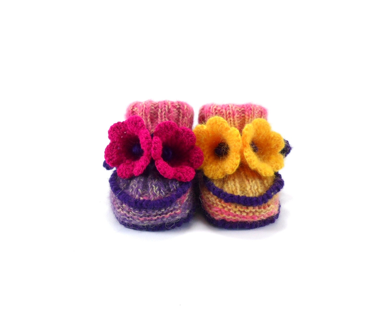 Baby Booties Hand Knitted with Crochet Bell Flowers - Spring Colors, 0 - 3 months, Knitted Baby Shoes