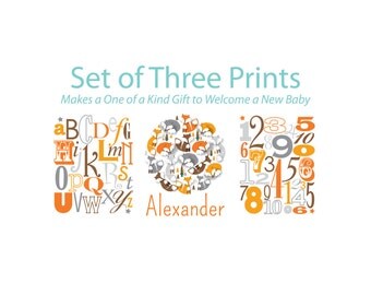 Fox Nursery, Baby Name Art, Alphabet, Kids Wall Art, Personalized, Nursery Art Prints, Woodland, ABCs, Nums, Foxes Set of 3