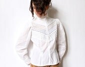Victorian Pin Tucked Blouse, Cotton Lace Lawn Shirt 80s white prairie boho hippie puff sleeve semi-sheer high neck steampunk Edwardian top