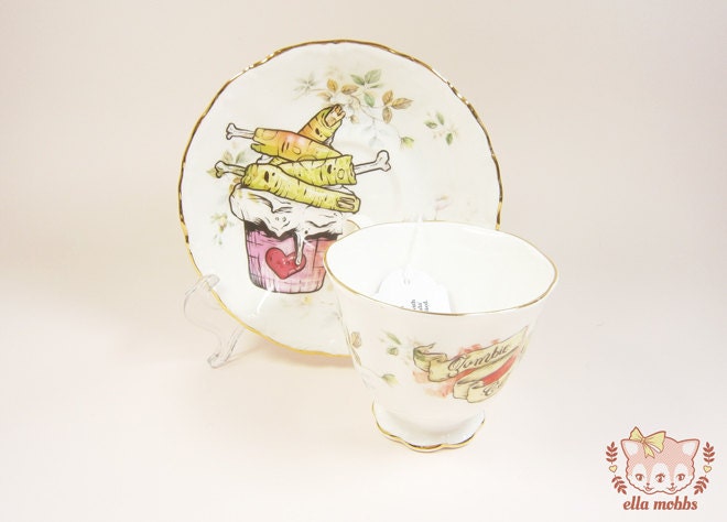 Vintage Tea Cup and Saucer with a Zombie Cupcake Illustration