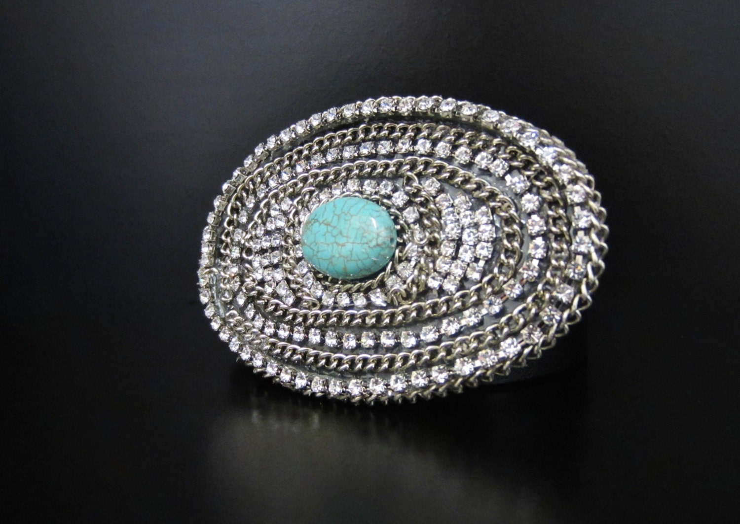 Turquoise Buckle - Western Turquoise & Silver  Belt  Buckle with Rhinestones and Chain by Sharona Nissan
