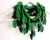 Emerald Green and Black Leaf Crochet Scarf, Egyptian Cotton
