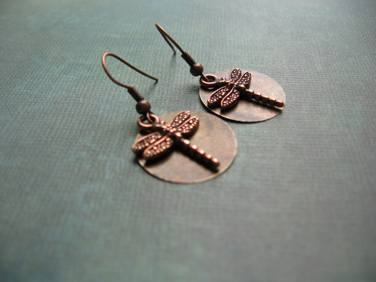 Dragonfly Earrings - Antiqued Copper Dragonfly and Vintage Bronze Disc Earrings - Metalwork Earrings - Dragonfly Jewelry