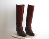 FRYE Boots TALL High Heeled Leather Brown - Women's 6 6.5 - 1970s VINTAGE