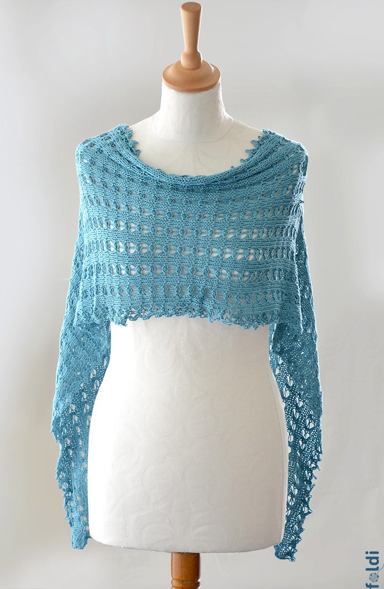 Knitted bamboo summer lace scarf shawl turquoise