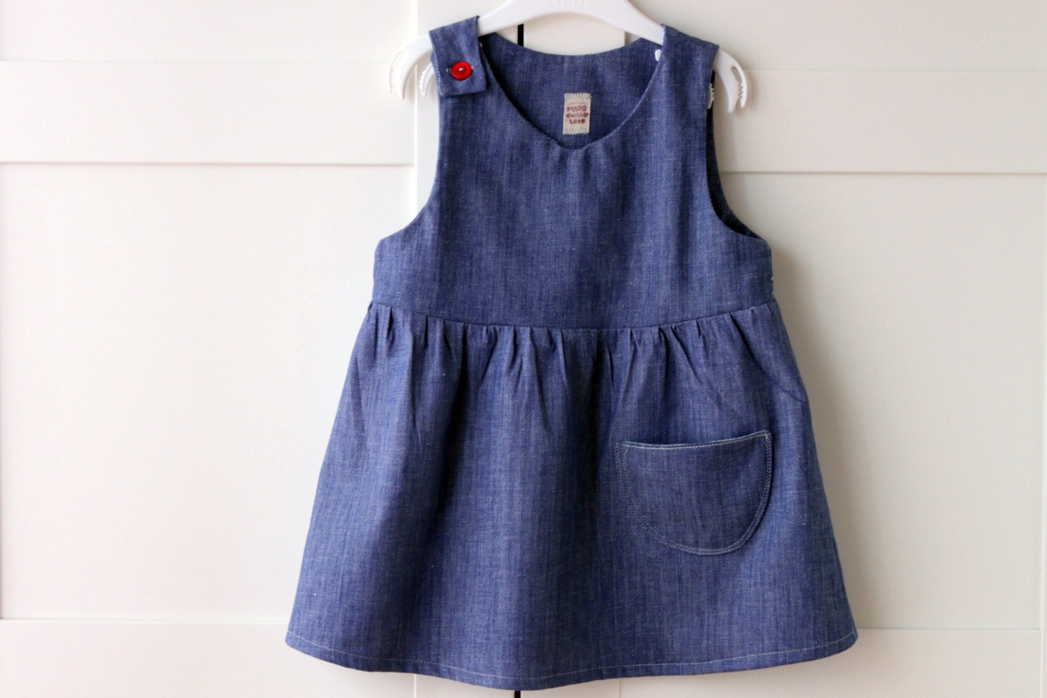 Girls' sleeveless dress, pinafore style dress for toddlers. Light italian denim 100% cotton. Sizes 1T to 4T. Made to order.