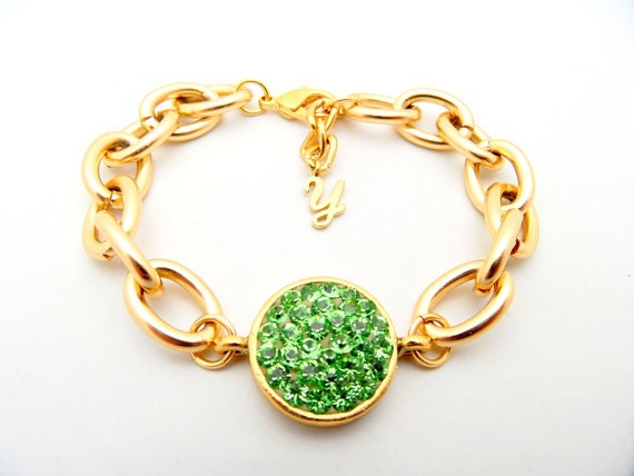 Gold Charm Bracelet - Blue Swarovski Chunky Crystal with Personalized Chain and Custom Jewelry