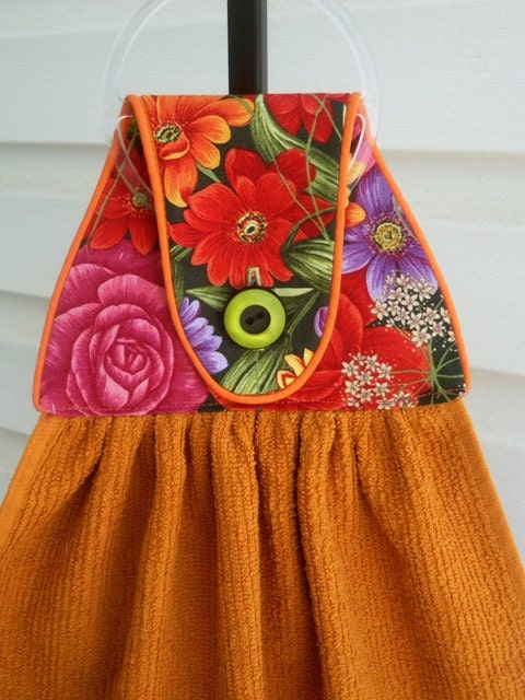 Spring is in the Air Gorgeous Blossoms on Hot Cinnamon Red Orange Hanging Kitchen Bar Hand Towel - HT300