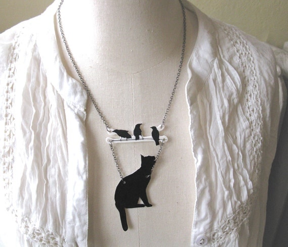 Lucky Black Cat and Birds Pet Lover Gift for her Woman Jewelry Silhouette Mother's Day