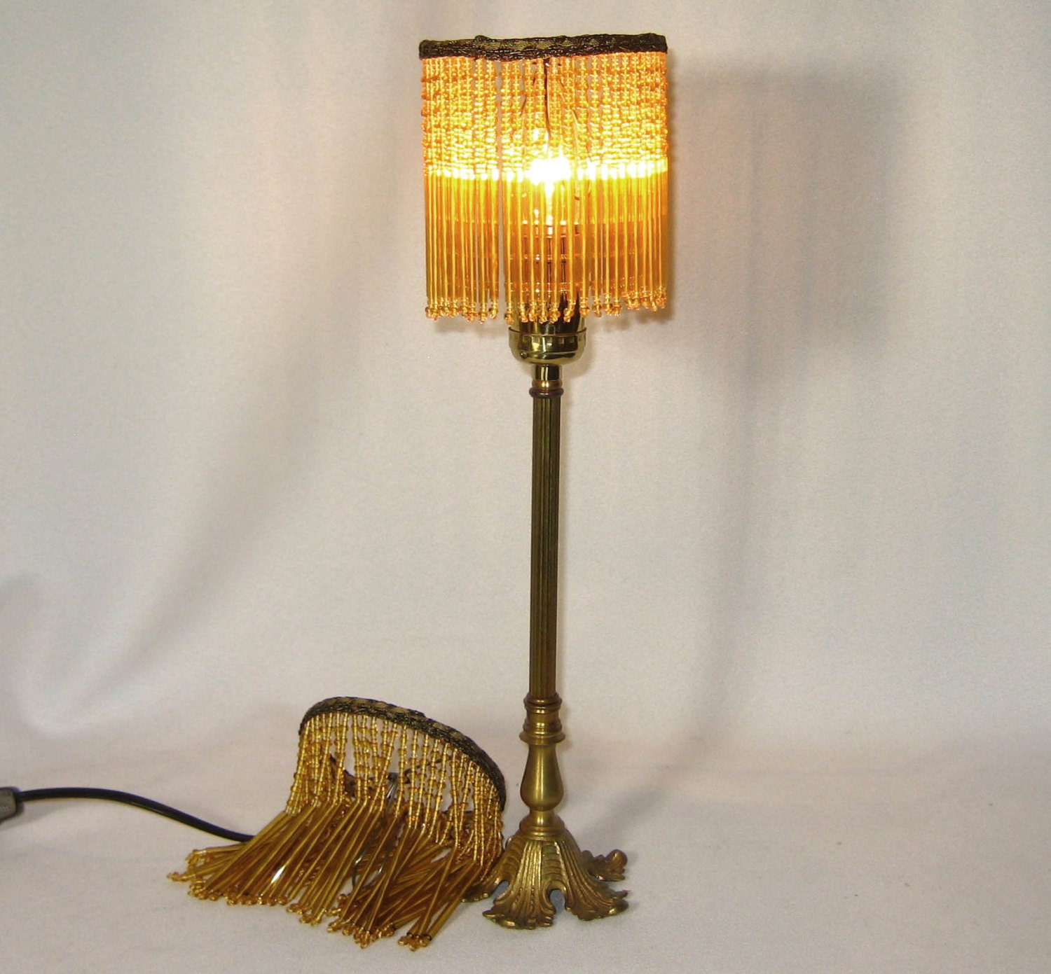 Lamp Shade Pair Amber Custom Table Or Sconce Handmade Crystal Glass Beads Long Fringe