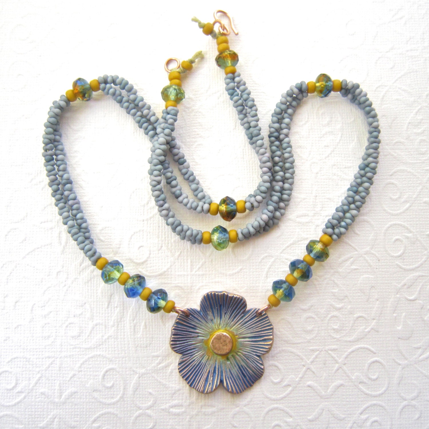 Blue flower necklace, bronze flower necklace, blue and yellow beaded necklace, summer necklae