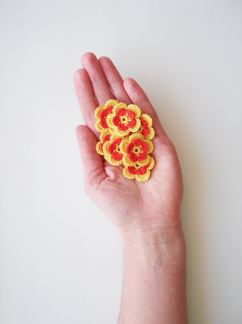 Flower Applique, Crochet Two Layered Flowers, Dimensional Embellishment, Sunny Yellow & Juicy Orange, Multi Colored, Set of 7