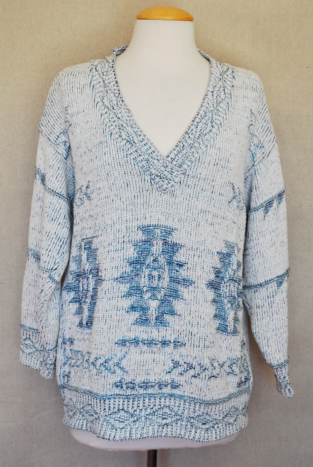 Vintage Aztec Tribal Mexico Denim White Washed Knit Knitted Pullover Sweater Small Medium Large